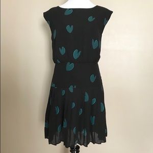 LOFT Black Pleated Blue Heart Drop Waist Dress